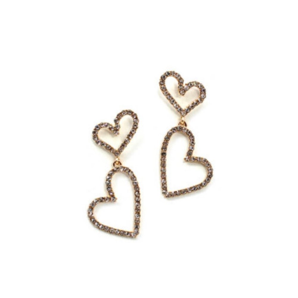 SILVER AND GOLD METAL CLEAR RHINESTONE HEART DROP EARRING. ONE COLOR
